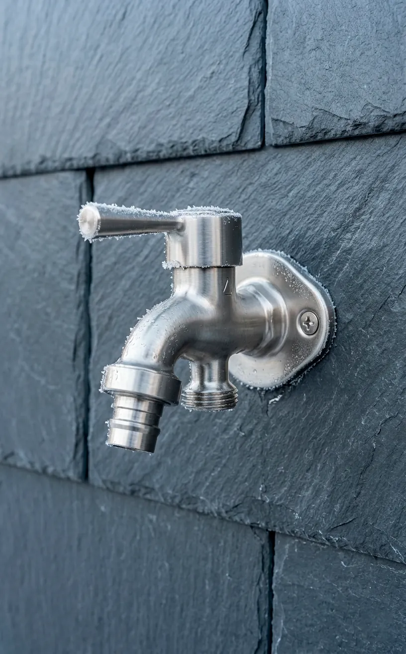 Modern frost-proof outdoor faucet mounted on a dark slate exterior wall.