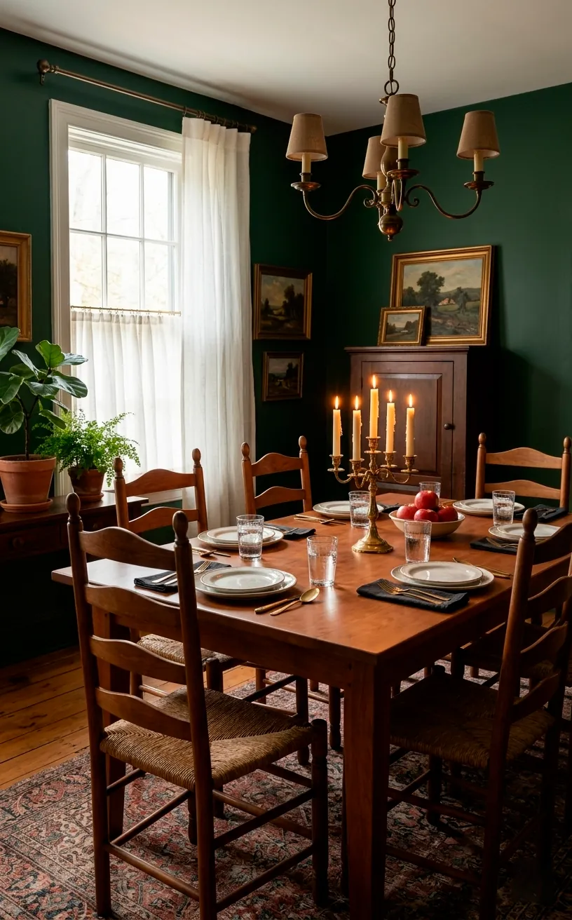 A cozy hunter green dining room featuring a matte warm cherry wood table and classic traditional chairs.