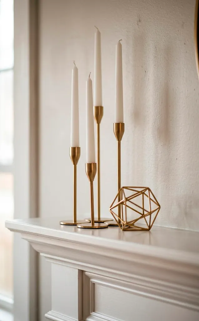Brushed gold taper candle holders and geometric decor on a white fireplace mantel.