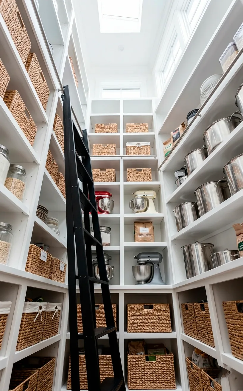 Floor-to-ceiling white pantry shelves with wicker baskets and a matte black library ladder.