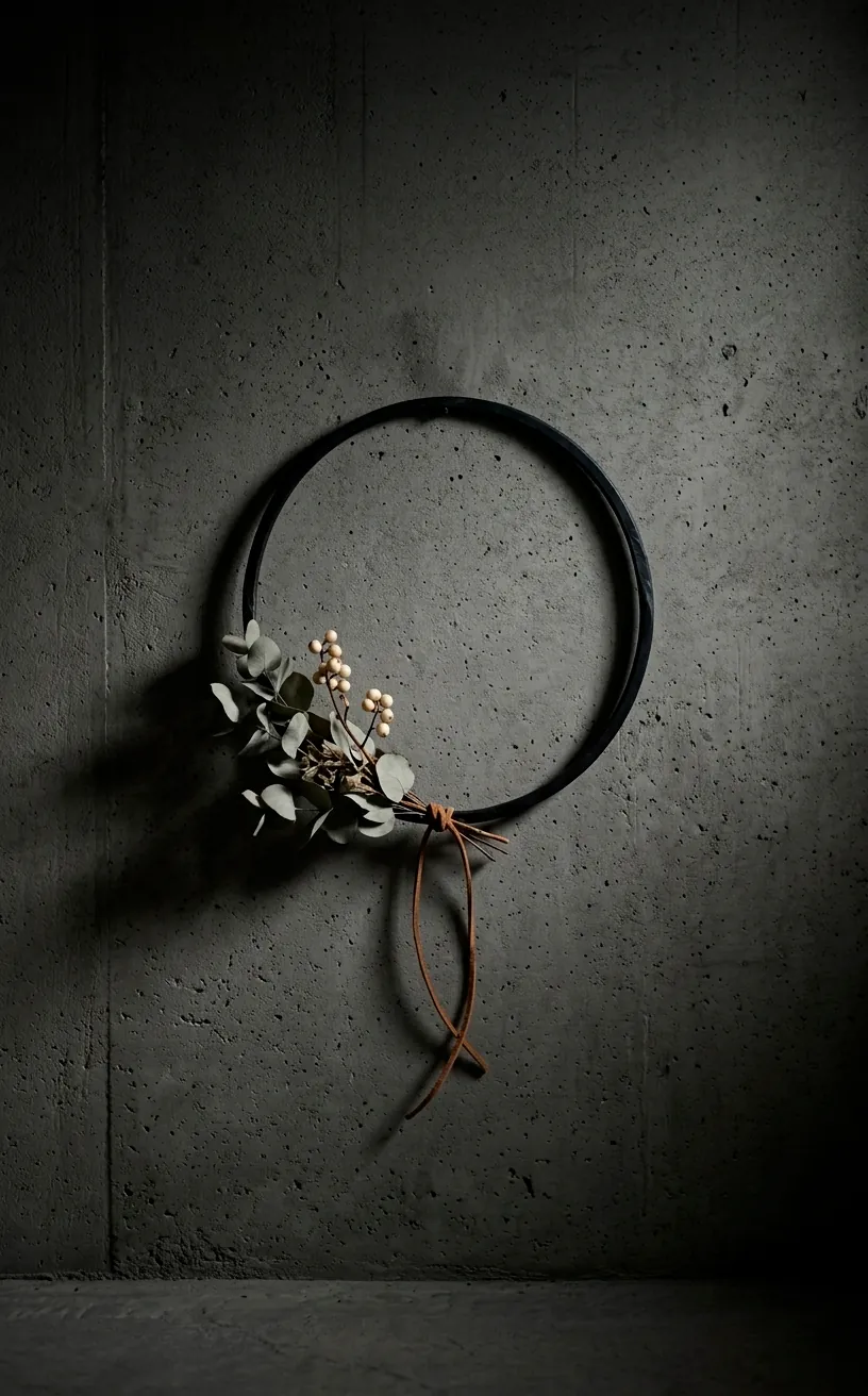 Asymmetrical black iron hoop wreath with eucalyptus on a concrete wall.