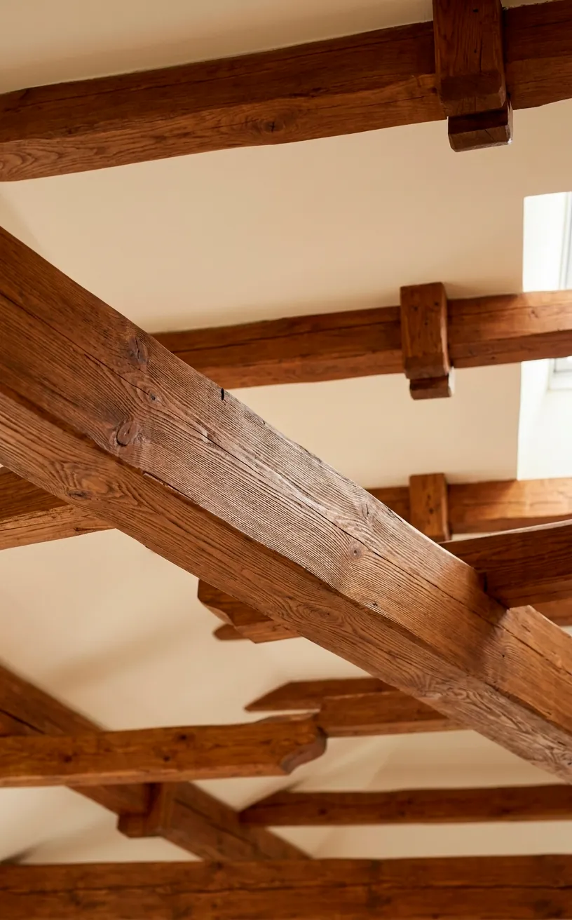 Exposed structural wooden ceiling beams stained gingerbread brown against cream drywall.
