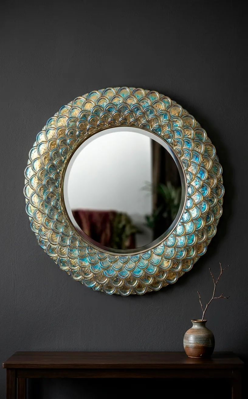 Circular mirror with a shimmering iridescent mosaic tile frame on a dark grey wall.