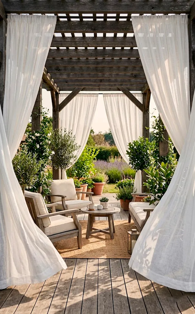White sheer outdoor curtains hanging from a wooden pergola on a sunny day.
