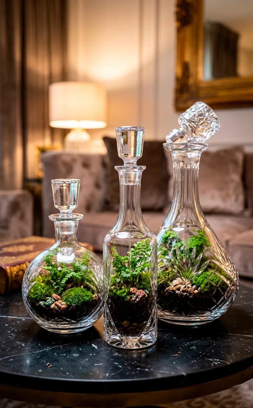 Luxury crystal decanters used as mini terrariums with moss and ferns on a marble table.