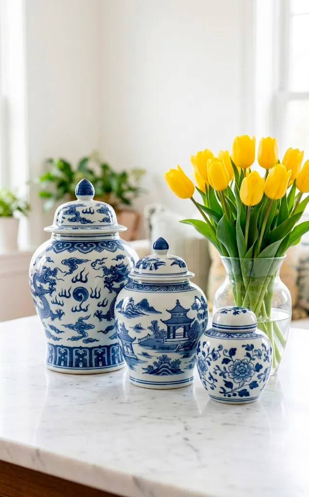 Collection of blue and white ginger jars on a marble table with tulips.