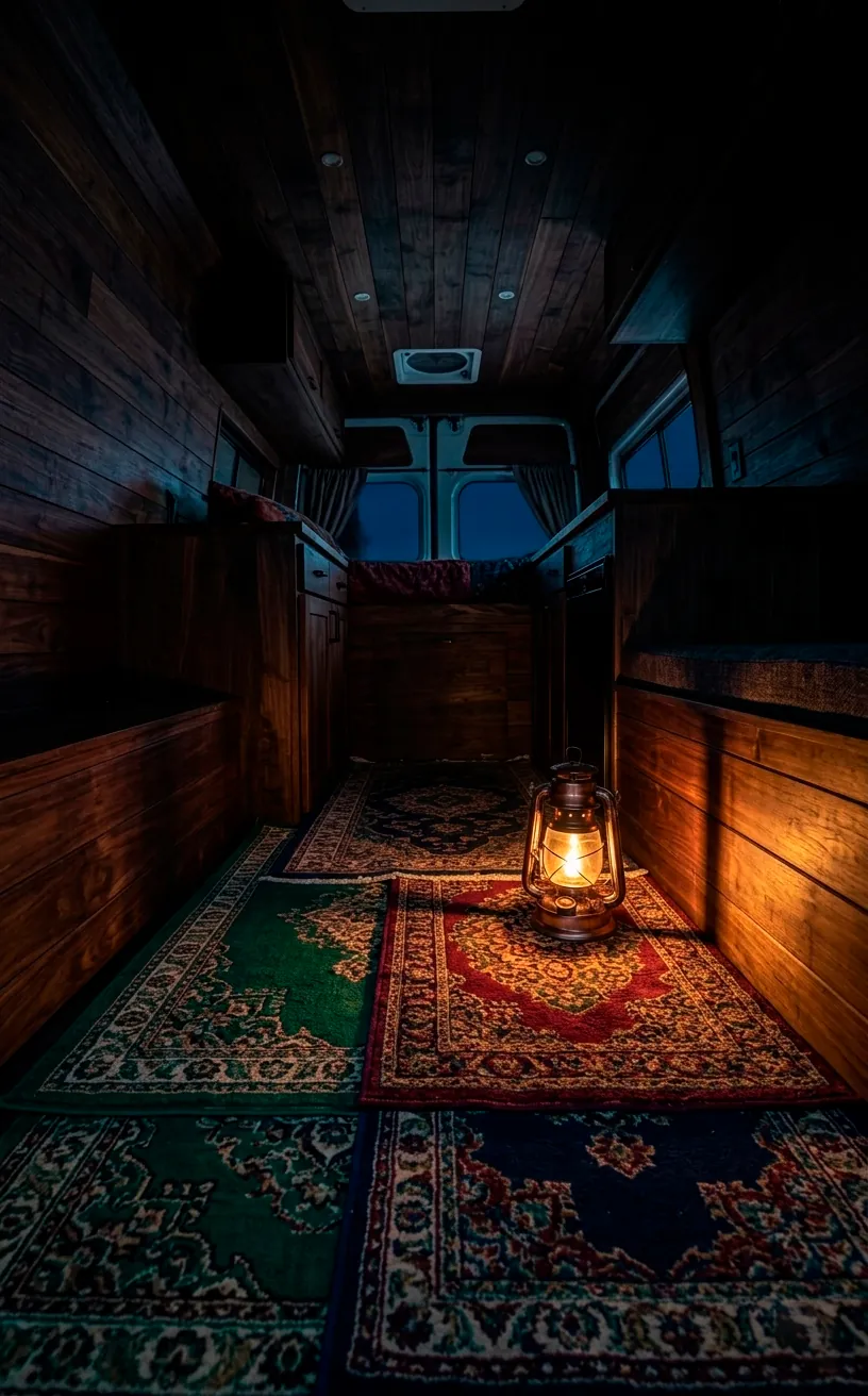 Jewel toned vintage rugs layered in a dark wood van interior with copper lantern.