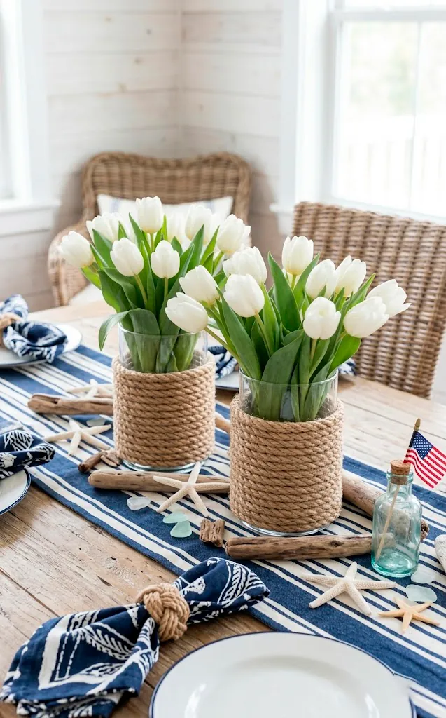 Coastal Memorial Day centerpiece with rope-wrapped vases and white tulips.