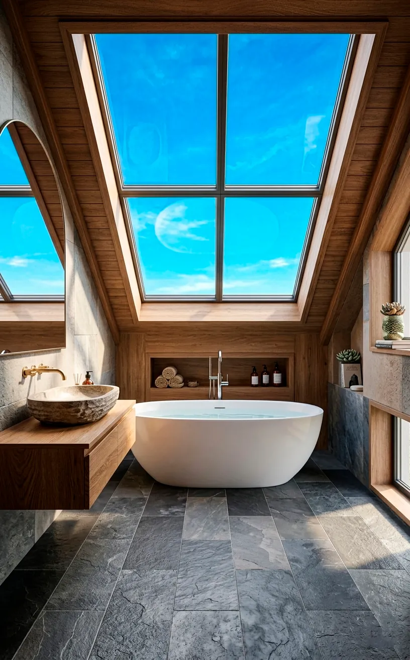 Luxury attic bathroom with skylight, soaking tub, and custom floating vanity.