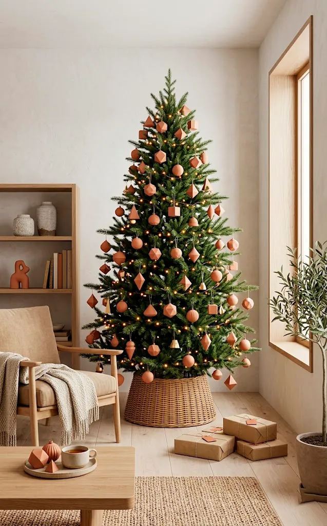 Minimalist Christmas tree with geometric terracotta ornaments in a bright room.