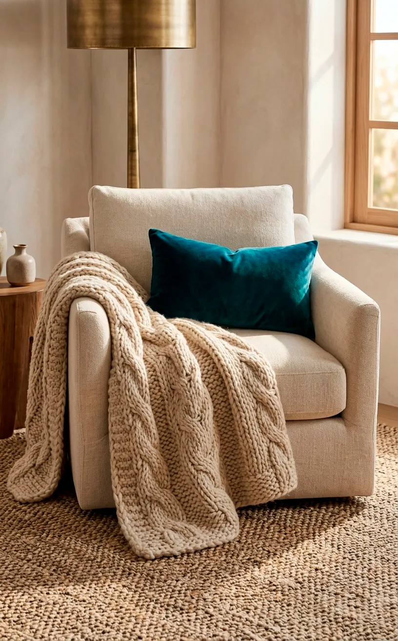 Oversized armchair decorated with a chunky knit blanket and a velvet pillow.