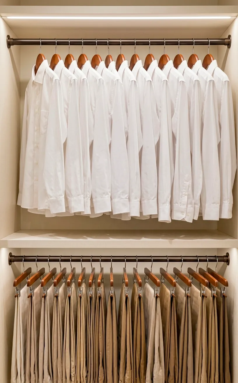 Closet interior with double hanging rods and coordinated wooden hangers for maximum storage.