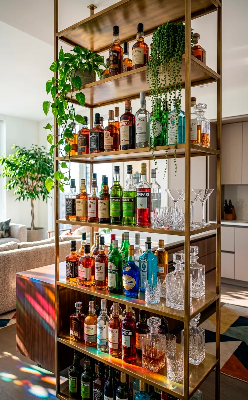 Open-backed brass shelving unit used as a room divider and home bar