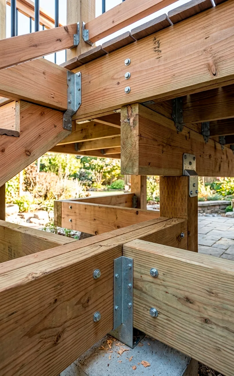Reinforced deck joists and steel brackets for supporting heavy loads.
