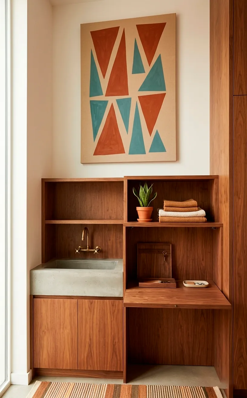Mid century modern triangle canvas art piece hanging on a wood paneled wall in a chic utility space.