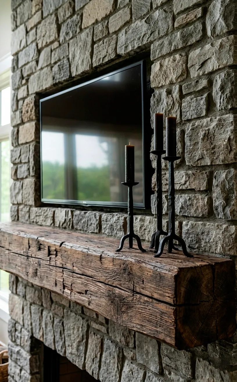 Reclaimed wood mantel on a grey fieldstone wall with a TV above.