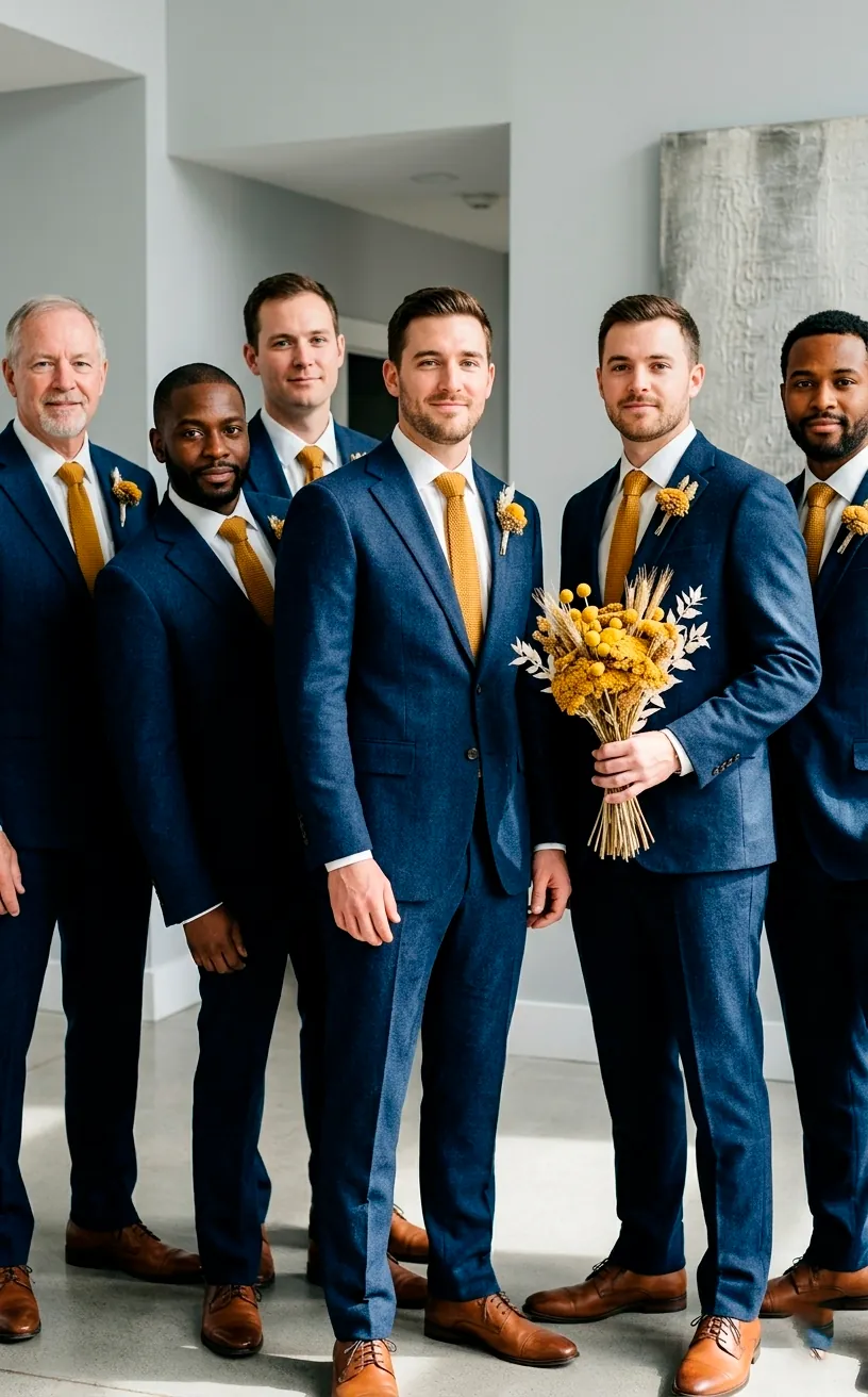 Groomsmen in navy suits with mustard yellow accents for a modern winter wedding.
