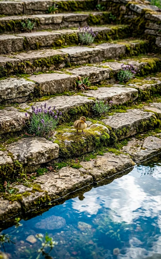 Stone steps with lavender growing in crevices leading into a pond.