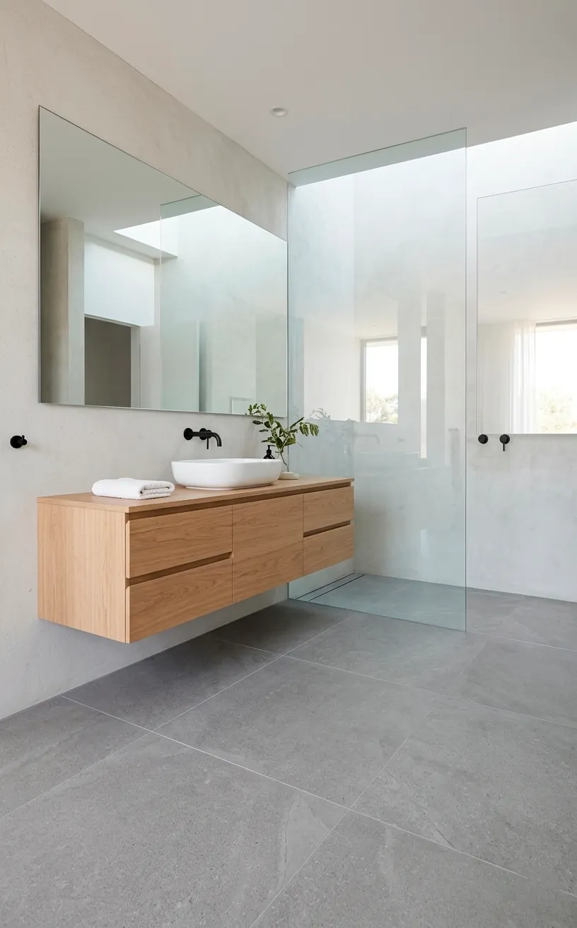 Modern white oak floating vanity in a minimalist bathroom with unbroken floor lines.