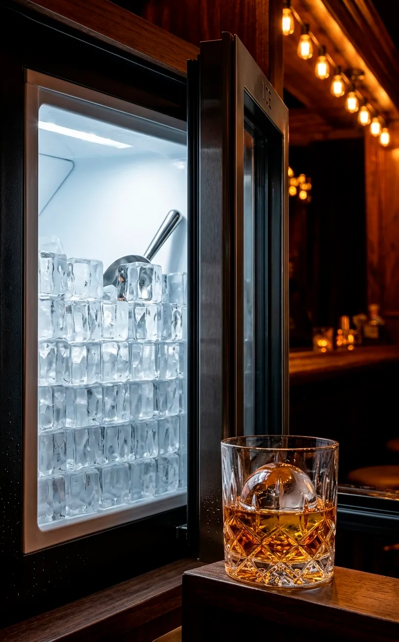 A dedicated home bar clear ice maker showing flawless, crystal-clear ice cubes and a bourbon glass.
