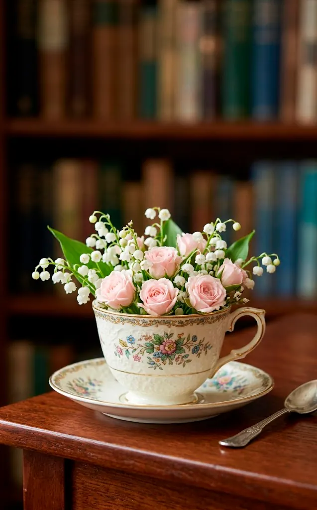 A vintage teacup used as a vase for small lily of the valley and spray roses.