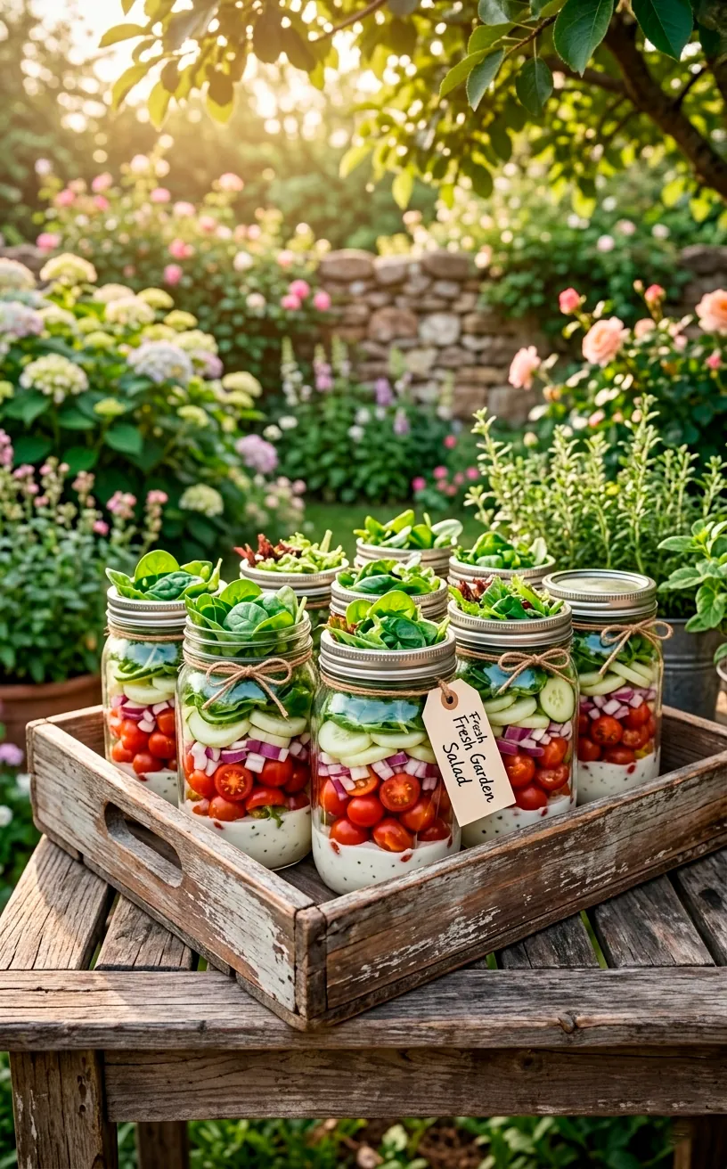 Layered mason jar salads with red tomatoes and green leaves for outdoor dining.