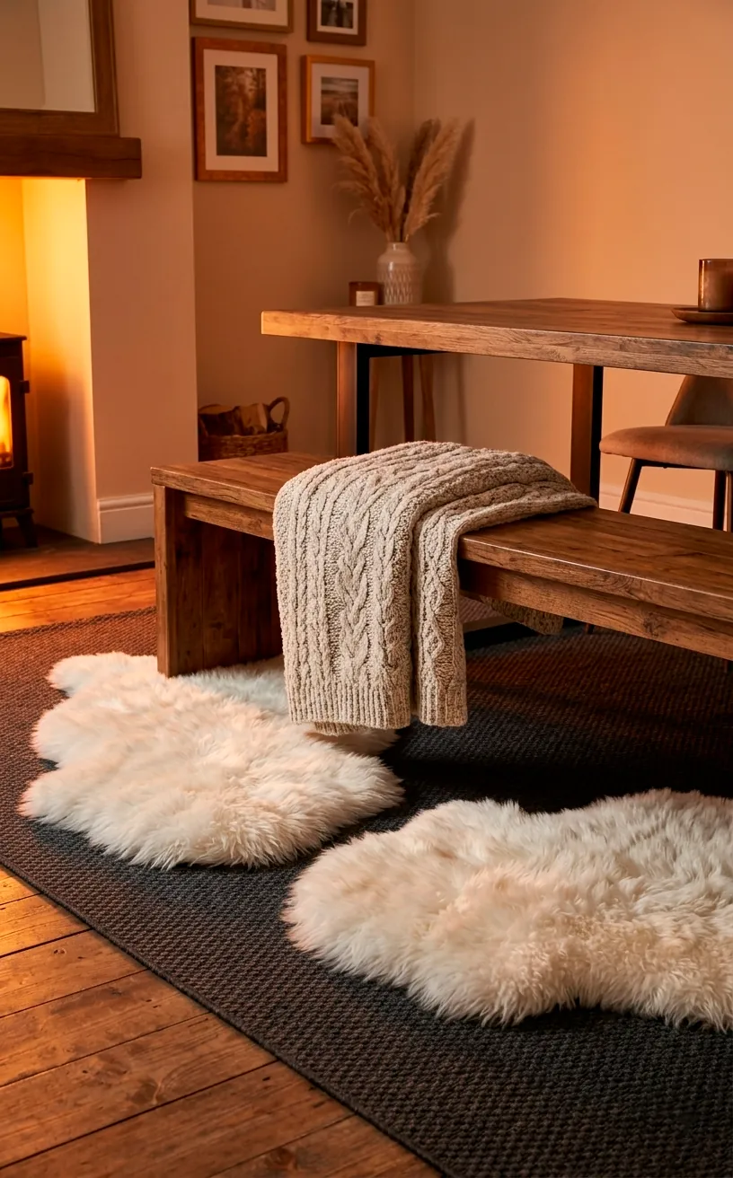 Faux sheepskin rugs layered over a charcoal flat-weave rug in a cozy dining nook.