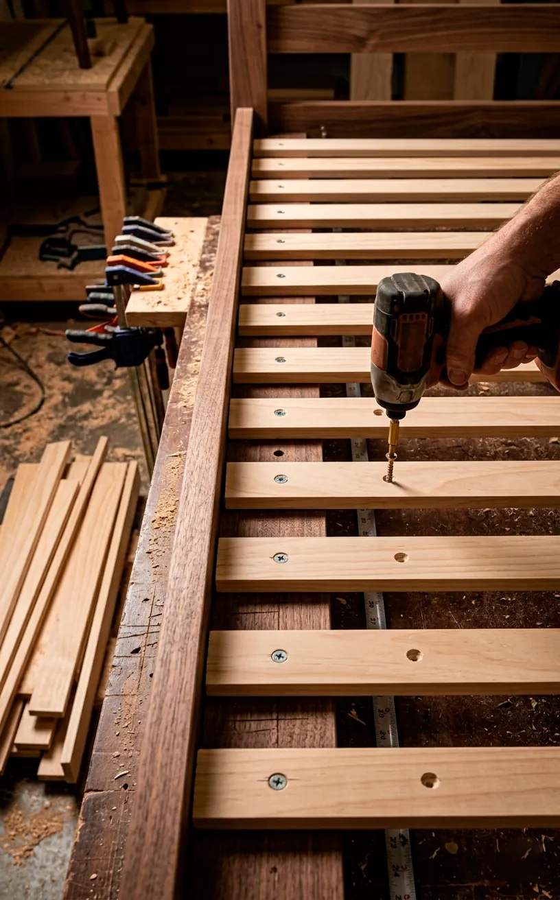 Evenly spaced wooden bed slats attached to a platform bed frame for mattress support.