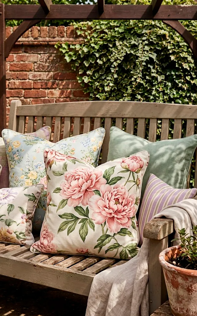 Plush outdoor cushions with pink peony floral prints on a garden bench.