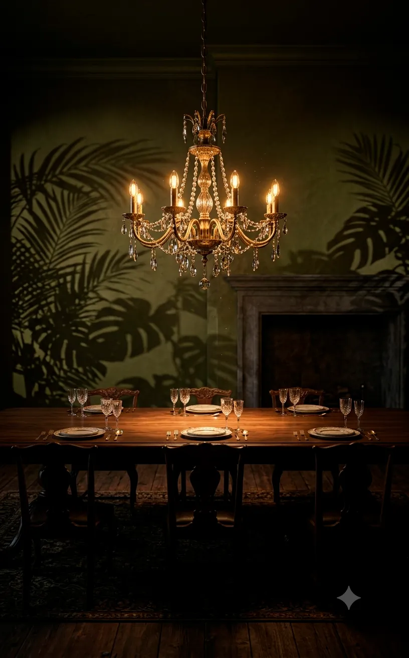 Vintage glowing brass chandelier above a dining table highlighting large tropical plant shadows on a green wall.