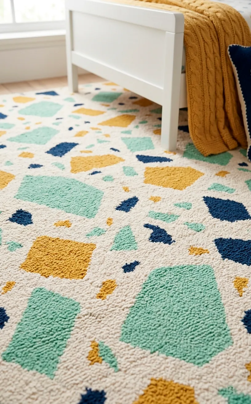 Colorful terrazzo print rug with geometric shapes in a modern kids bedroom setting.
