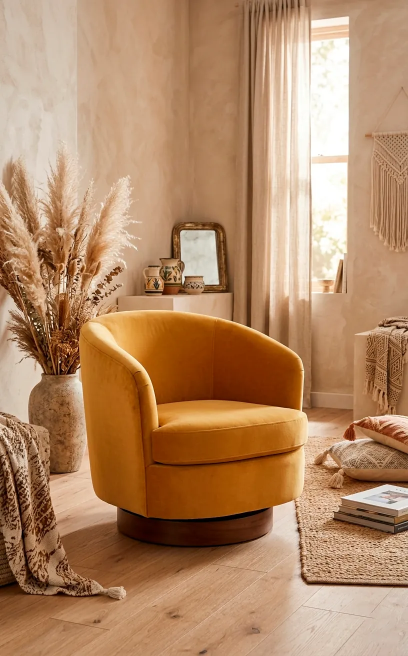 Mustard yellow velvet swivel chair with a rounded back in a modern living room.