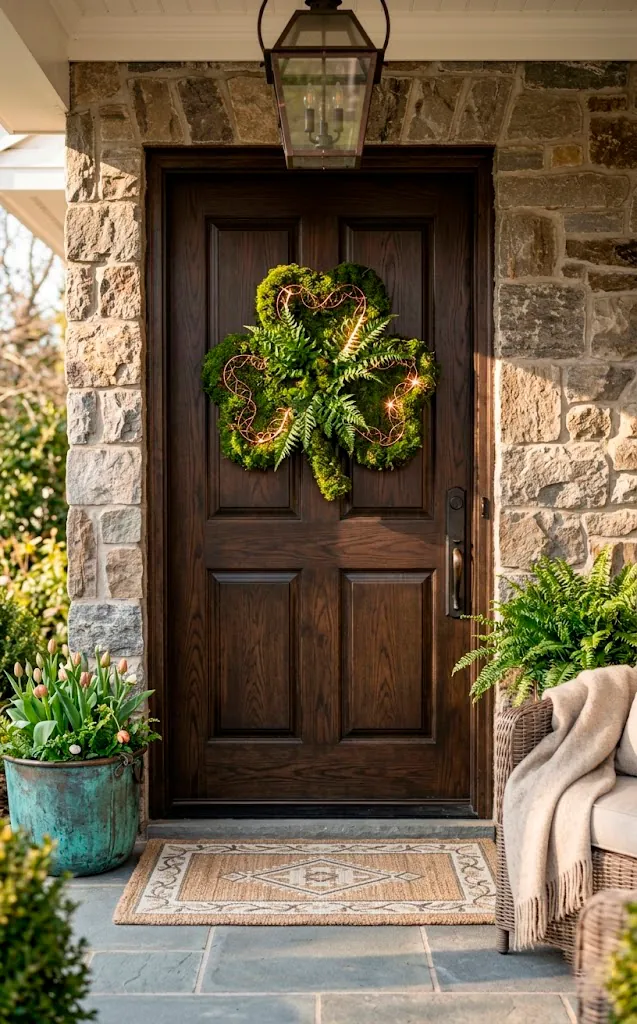 Moss shamrock wreath with copper wire weaving on a dark wood front door.