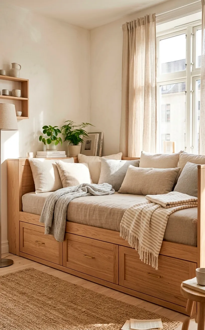 Light wood daybed with built-in storage drawers and beige cushions in a bright sunroom corner.