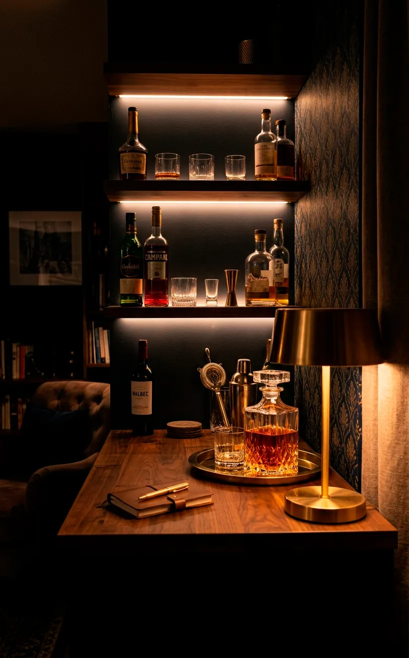Cozy home bar lighting with a brass lamp reflecting off glass bottles at night.