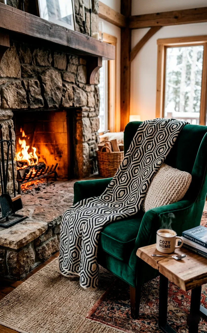 Close-up of a high-contrast black and white geometric blanket on a velvet armchair near a fireplace