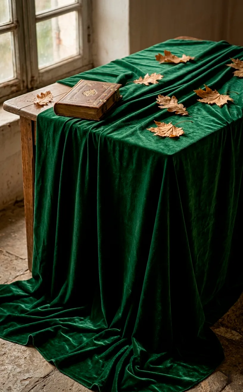 Luxury forest green velvet tablecloth draped on a rustic wooden table.