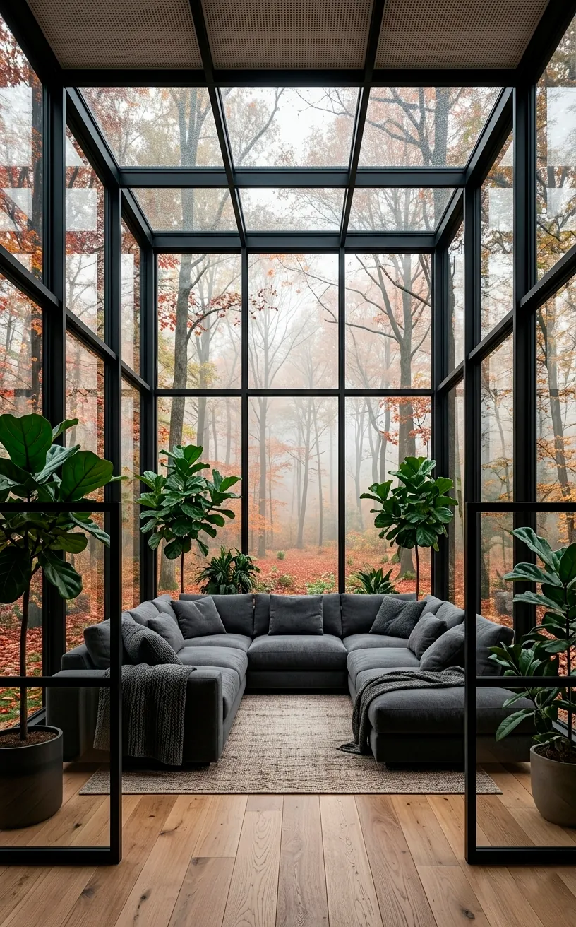 Luxury glass box sunroom with slim matte black steel frames and autumn forest views.