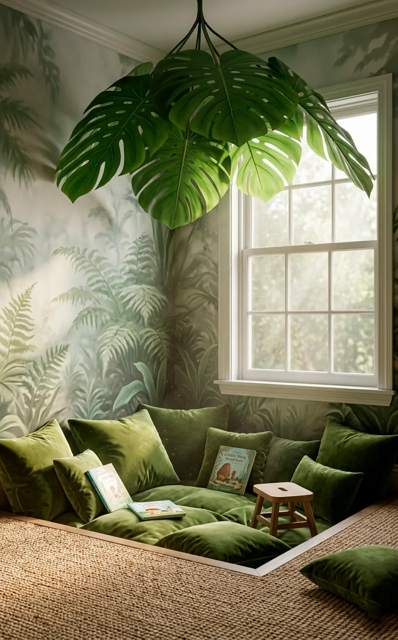 Oversized monstera leaf canopy draped over a cozy green floor cushion in a sunny kids room.