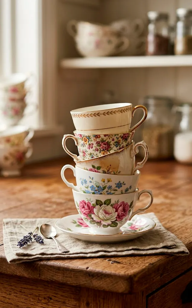 Stack of vintage mismatched floral teacups with gold rims on a rustic wooden kitchen counter.