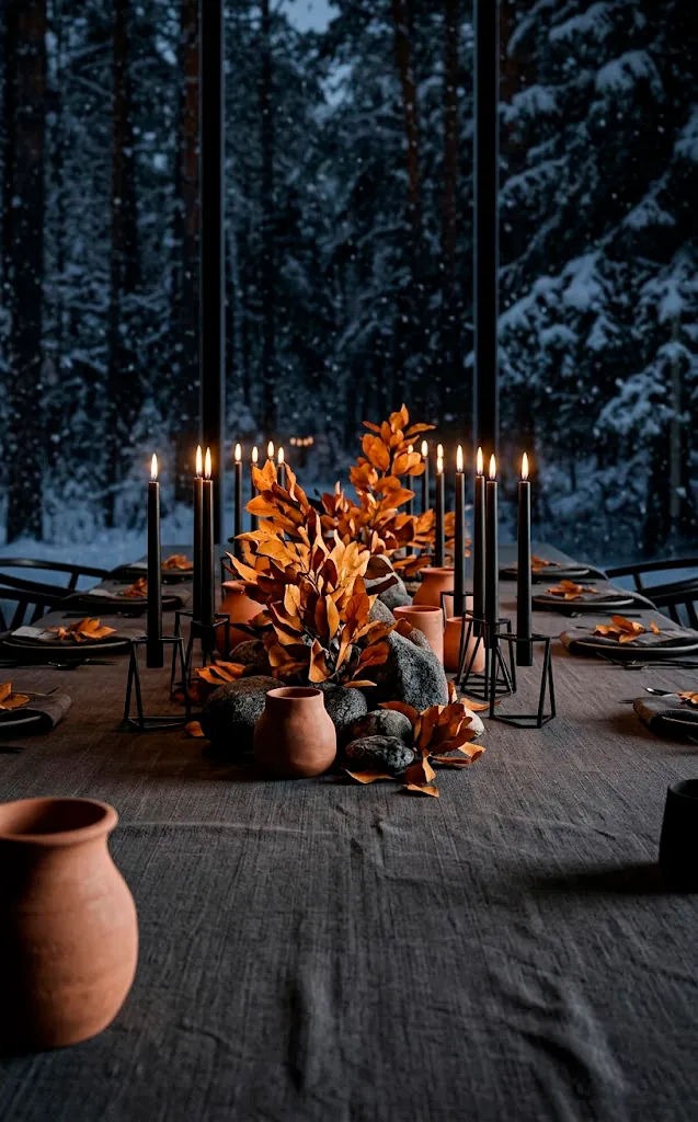 Modern wedding table setting with terracotta vases and charcoal linens against a snowy backdrop.