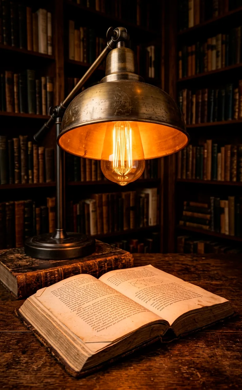 Close-up of a vintage brass desk lamp with a glowing amber Edison bulb illuminating an open book.