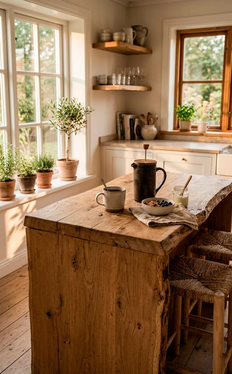 Raw natural oak kitchen island with unfinished edges in a bright Scandinavian kitchen.
