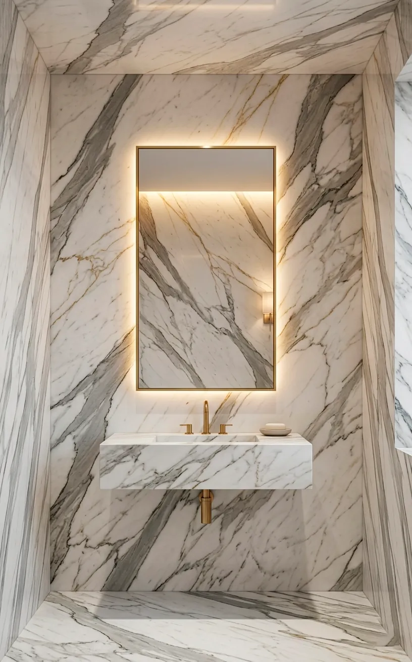 Vertical shot of dramatic Calacatta Gold marble wall with gold-framed mirror in a luxury bathroom.