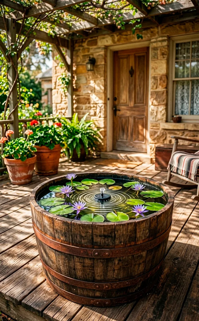 A rustic wooden whiskey barrel mini container pond with water lilies and a solar fountain on a sun-dappled porch.