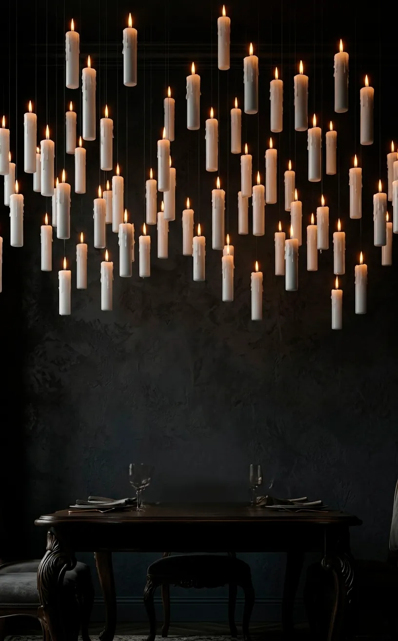Dozens of realistic floating candles with wax drips hanging from a dark ceiling with warm flickering light.