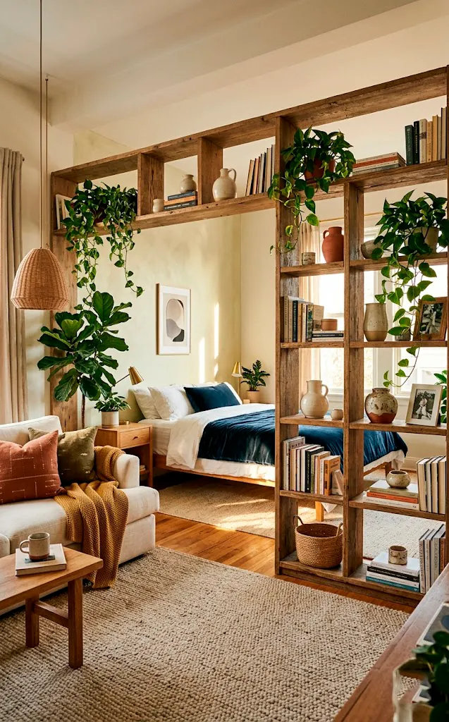 Open wooden shelving unit used as a room divider in a bright studio apartment.