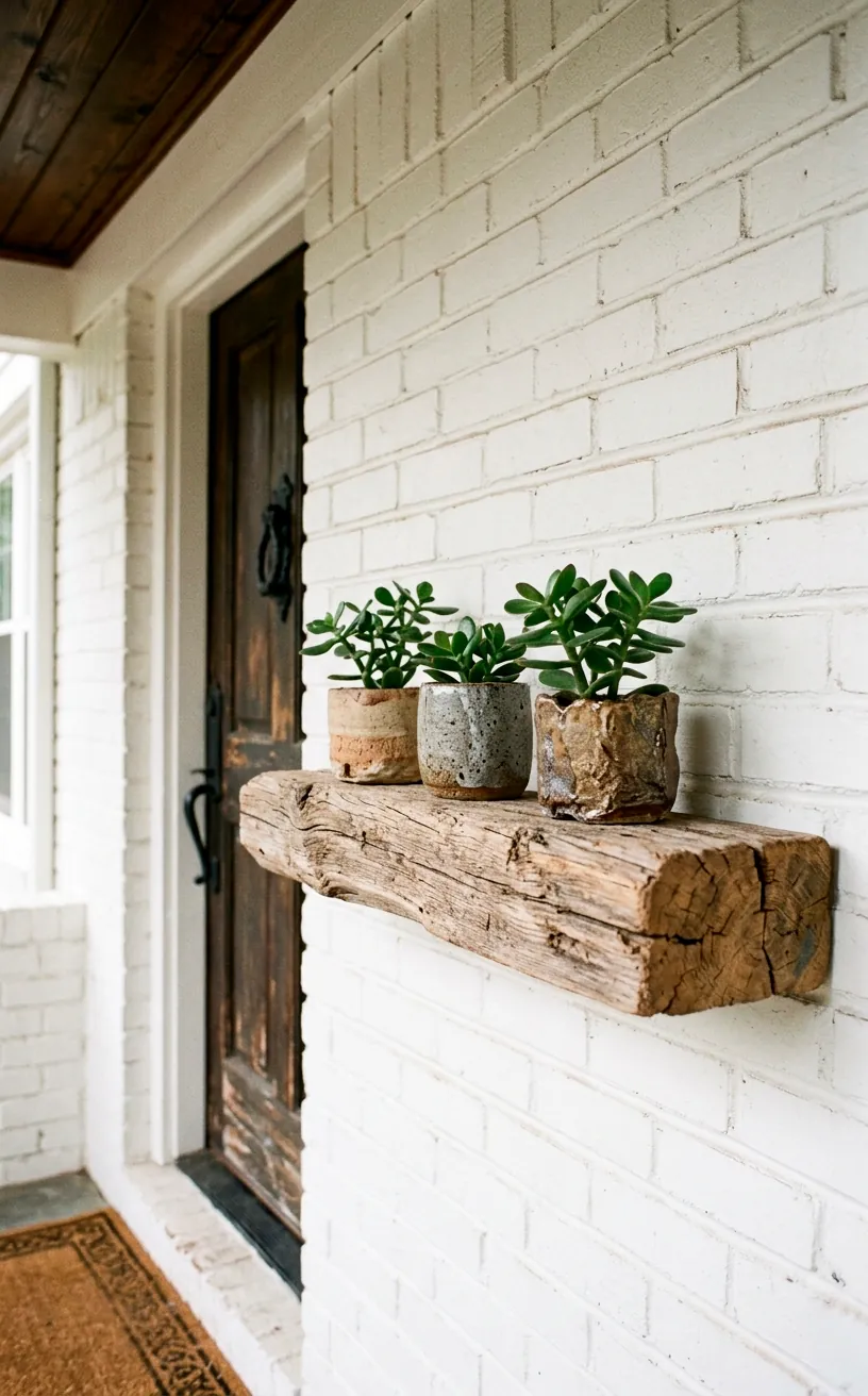 Rustic reclaimed driftwood floating shelf with succulent pots on a white brick small front porch wall.
