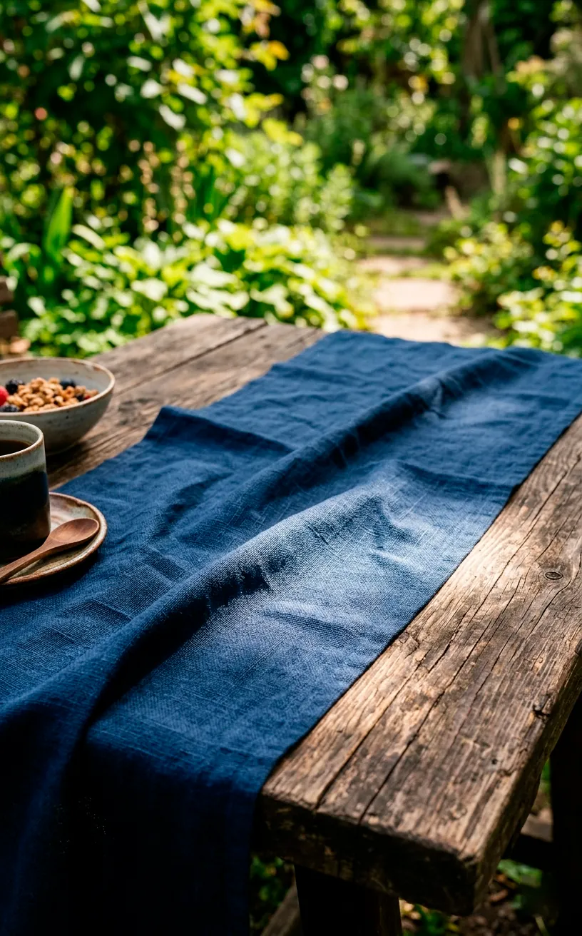 Rustic wooden table with a navy blue linen runner set up for an outdoor party