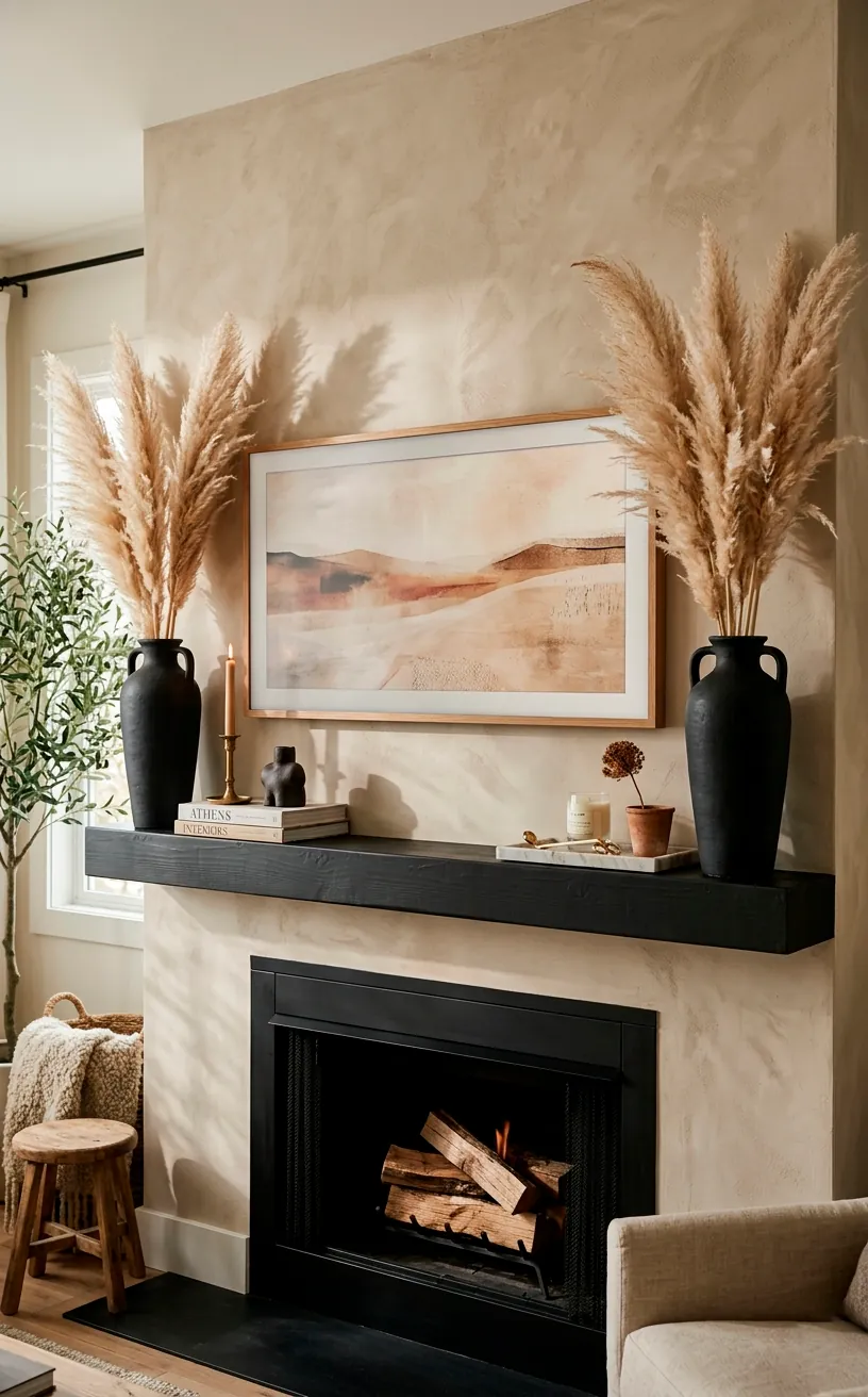 Symmetrical fireplace mantel featuring a large TV flanked by tall matte black vases